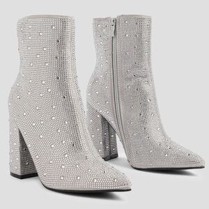 Rhinestone Block Heel Booties - Silver (Ardene)